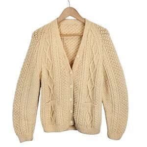 Handknit Women's Cable Knit Fisherman Cardigan Sweater Cream Size Medium